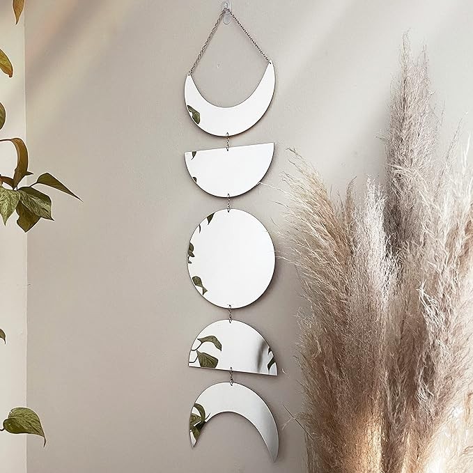 Moon Cycle Wall Decor | Acrylic Decorative Moon Phase Mirror Boho Wall Hanging | Bohemian Decor for Bedroom | Preppy Aesthetic Mirror Decorations for Living Room Moon Phases Art | Silver, Gold Decor