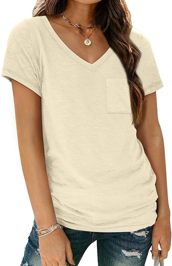 AUTOMET Womens T Shirts Short Sleeve V Neck Tops with Pockets Summer Fashion Trendy Soft Casual Comfy Outfits Clothes 2024
