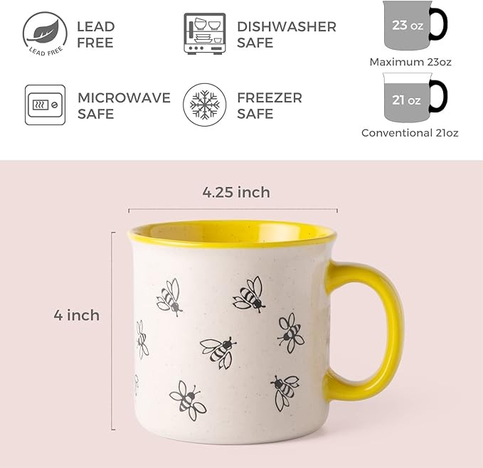 AmorArc 22 OZ Large Ceramic Coffee Mugs, Oversized Soup Cups With Big Handle for Men Women Dad Mom, Big Mug With Textured Bees Patterns for Office & Home -Microwave Safe, 2 Pcs
