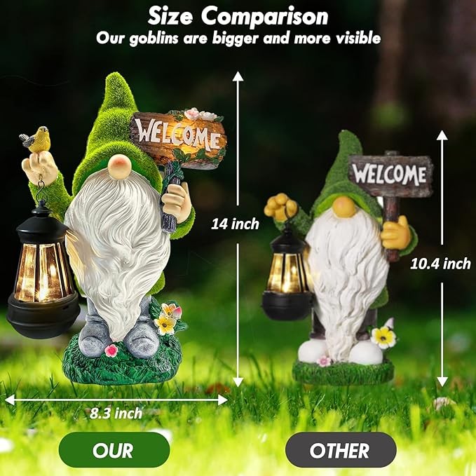 Lovinland Garden Gnome Statue Outdoor Decor Large Flocked Resin Gnome Figurine with Solar Light Holding Lantern Welcome Sign Garden Yard Decorations Dwarf Sculpture for Outside Patio Porch Lawn Decor