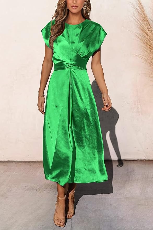 PRETTYGARDEN Women's 2024 Summer Satin Midi Dress Cap Sleeve Tie Waist Elegant A-Line Flowy Dresses