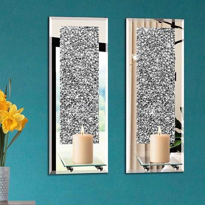 Phore Wall Candle Sconces Set of 2 Crystal Crush Diamond Mirrored Candle Holder Wall Decorations for Living Room, Dining Room, Bedroom & Bathroom