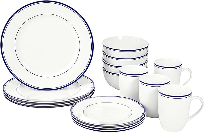 Amazon Basics 16-Piece Cafe Stripe Kitchen Dinnerware Set, Plates, Bowls, Mugs, Service for 4, Blue