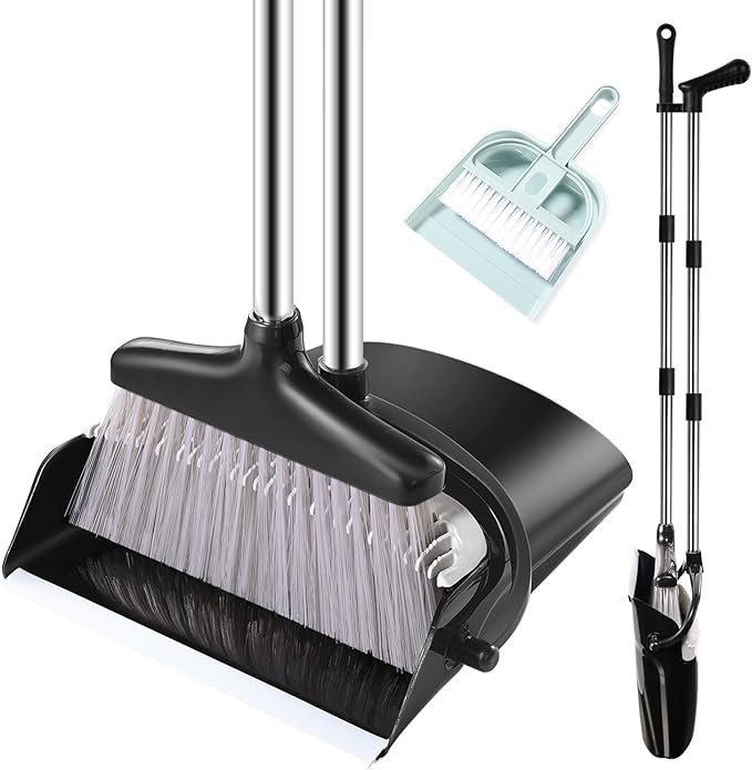 Broom and Dustpan Set with Long Handle, Windproof Stand Up Dustpan with Broom Combo for Home Kitchen Room Office Lobby Floor Use (Black&Grey, 45.3IN)