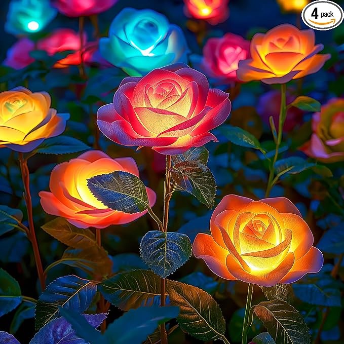 Solar Garden Lights Outdoor, 4 Pack Solar Lights Outdoor with 20 Rose Flowers, Waterproof 7 Color Changing Solar Powered Flowers Lights for Outside Patio Yard Pathway