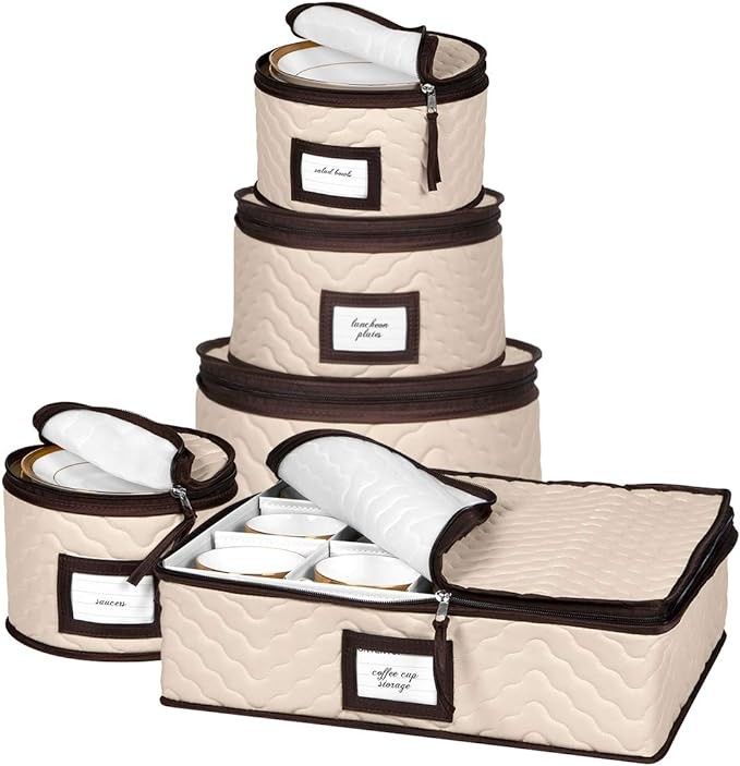 China Storage Containers 5-Piece Set Moving Boxes for Dinnerware, Glasses, Plates, Mugs and Saucers Sturdy Quilted Microfiber Dish Organizer with Dividers for Seasonal Storage - Holds Set of 12