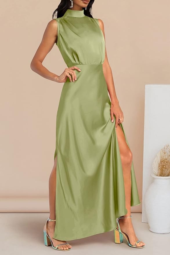 Pretty Garden Womens Thigh Slit Mock Neck Satin Maxi Dress