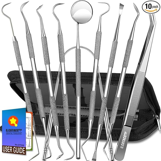 G.CATACC Dental Tools, 10 Pack Professional Plaque Remover for Teeth Cleaning Tools Set, Stainless Steel Dental Hygiene Kit with Dental Picks, Tartar Scraper, Tooth Scraper, Tongue Scraper- with Case