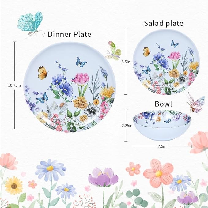 Lechoo 12 Piece Melamine Dinnerware Sets - Plates And Bowls Sets Floral Dinnerware Sets- Spring Camping Dishs Indoor Outdoor Use,Flowers And Butterflies Pattern