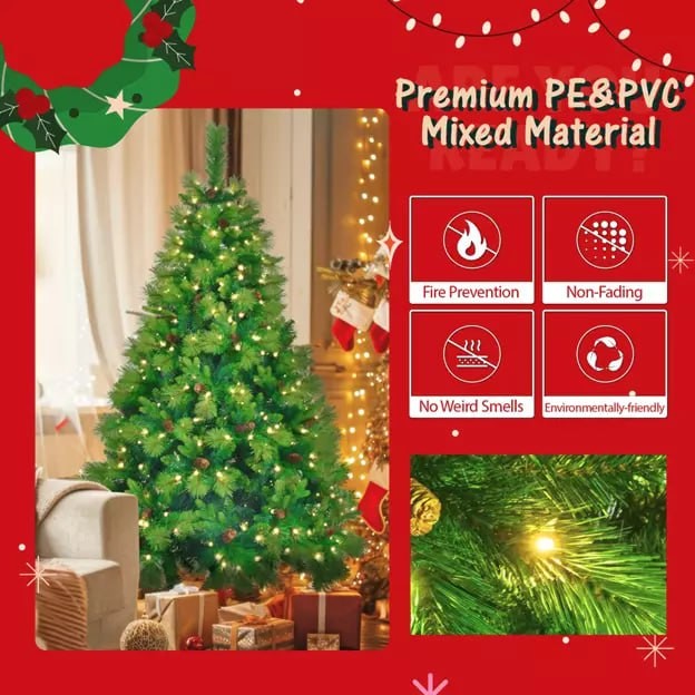 6FT Grass Green Christmas Tree Pre-Lit Set with Tree & Garland & Wreath