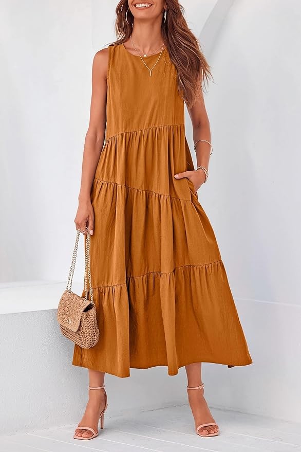 Pretty Garden Womens 2024 Casual Summer Sleeveless Long Flowy Tiered Midi Dress With Pockets
