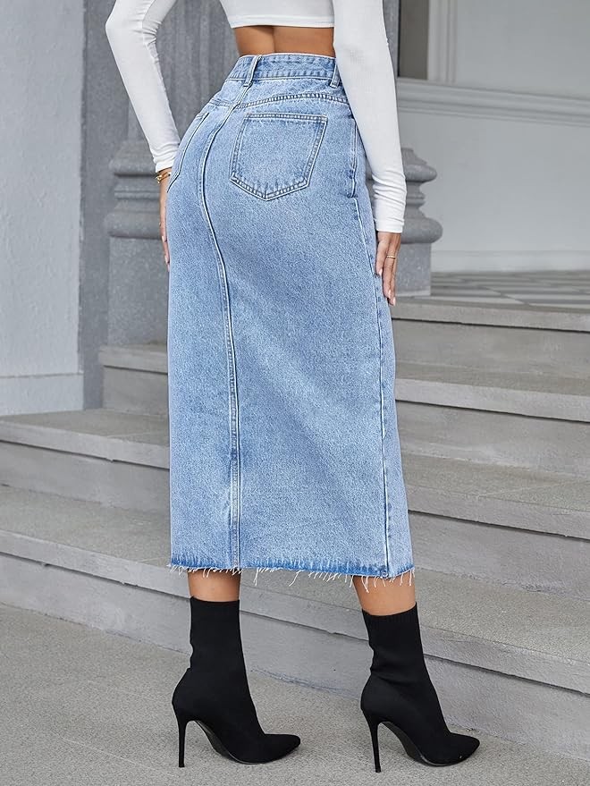 SweatyRocks Women's Casual High Waist Denim Skirt Split Hem Raw Trim Midi Jean Skirts