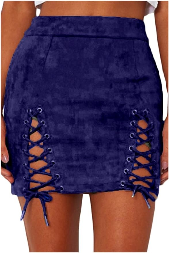 Meyeeka Womens Sexy High Waist Lace Up Bodycon Faux Suede Split Tight Mini Skirt