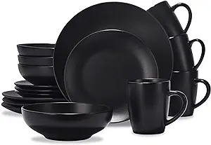 CREATIVELAND Round Stoneware Dinnerware Set Durable Kitchen and Dining,16 Piece Service For 4,Pasta Bowls,Large Salad Bowls,Porcelain Bowl,Wide and Shallow,Microwave and Dishwasher Safe, Matte Black.