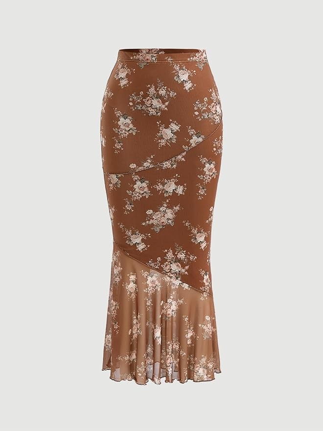 Milumia Women's Floral Mesh Ruffle Hem Maxi Skirt High Waisted Fishtail Long Skirts