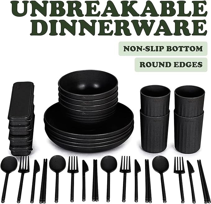 DINETHICS Wheat Straw Dinnerware Sets For 4 (36pc) Unbreakable Dinnerware n Microwave Safe Dinnerware - Wheat Straw Plates and Bowls Sets For 4 - Camping Plates Cups and Bowls Set RV Dishes Set for 4