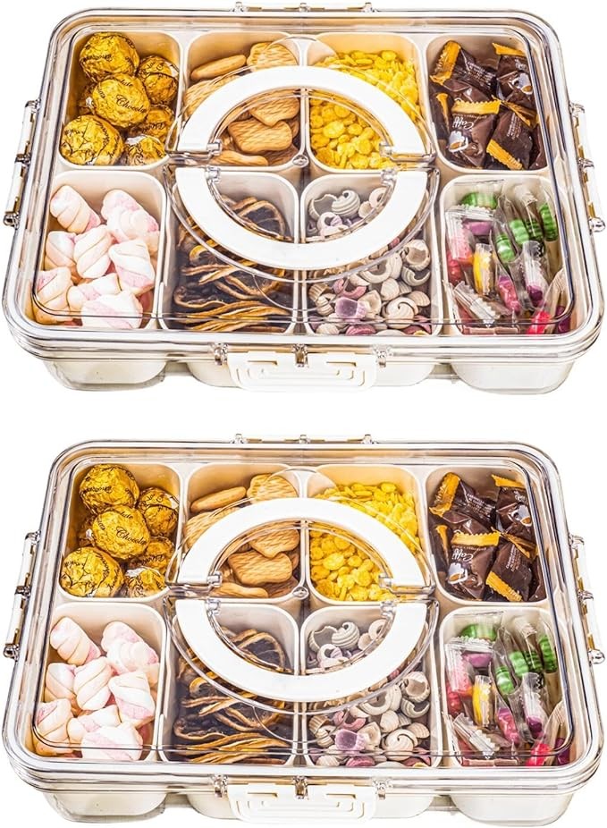 cosnou Divided Serving Tray with Handle, 8 Compartments Snack Box for Candy, Nuts, Cookies, Fruit, Snacks, Party Favor, Wedding, Home Decor(Pack of 2)