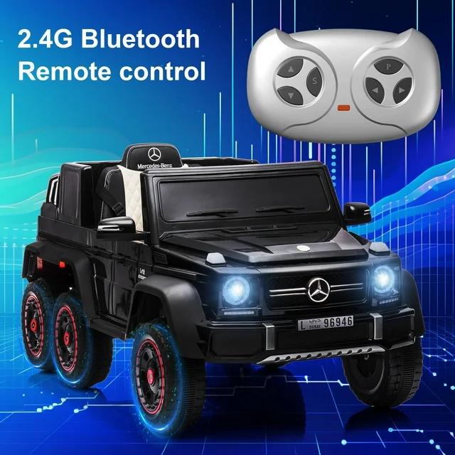 24V Licensed Mercedes-Benz Electric Car for Kids with 6 Wheel, 24V7A Battery Powered Kids Ride On Cars with Remote and Leather Seat, 3 Speeds, Music, 2WD, Horn, LED Lights (Black)
