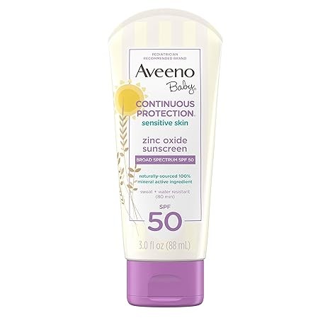 Aveeno Baby Continuous Protection Zinc Oxide Mineral Sunscreen Lotion for Sensitive Skin, Broad Spectrum SPF 50, Tear-Free, Sweat- & Water-Resistant, Paraben-Free, Travel-Size, 3 fl. oz