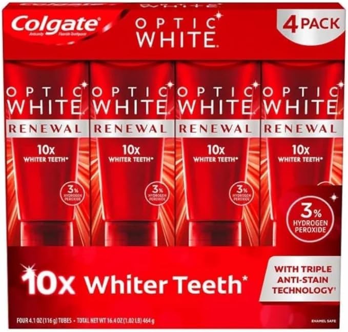 Colgate Optic White Renewal 10X Whiter Teeth 3% Hydrogen Peroxide with Triple Anti-Stain Technology Toothpaste 4.1 oz, 4 Pack