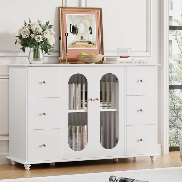 Homfa Modern Sideboard with Glass Door, 6 Drawers Accent Storage Cabinet, White