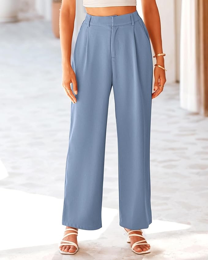 KIRUNDO Women's Elastic High Waisted Wide Leg Dress Pants Loose Fit Pleated Front Business Casual Work Pants Trousers