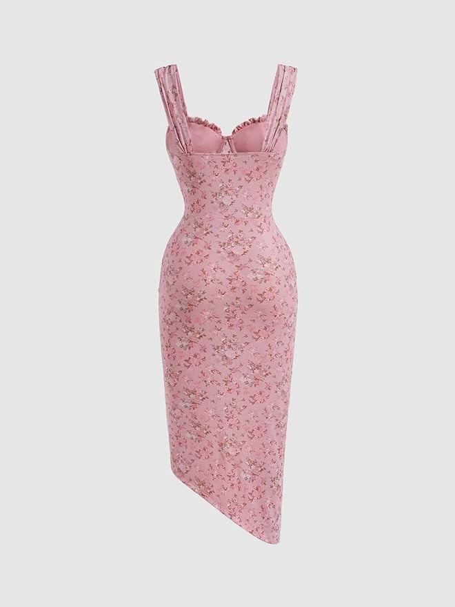 Verdusa Women's Ruched Split Sweetheart Neck Sleeveless Floral Print Long Bodycon Dress