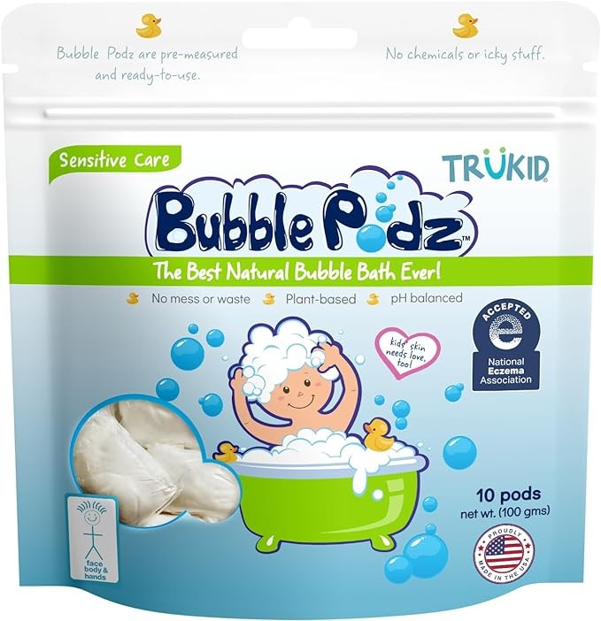 TruKid Bubble Podz Bubble Bath for Baby & Kids, NEA-Accepted for Eczema, Gentle Refreshing Colloidal Oatmeal Bath Bomb for Sensitive Skin, pH Balance 7 for Eye Sensitivity, Unscented (10 Podz)