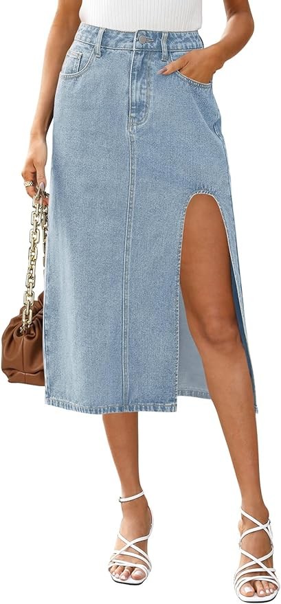 MEROKEETY Women's Denim Skirt Side Split Thigh High Waist A Line Casual Midi Jean Skirt with Pockets