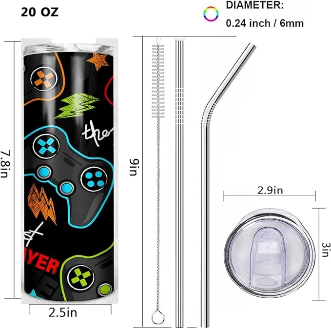 SupBo 20oz Skinny Tumbler With Lid and Straw, Gifts for Man, Dad Birthday Gifts, Travel Mug For Father, Stainless Steel, Double Wall, Vacuum Sealed Travel Mug (The Best Player Gamer)