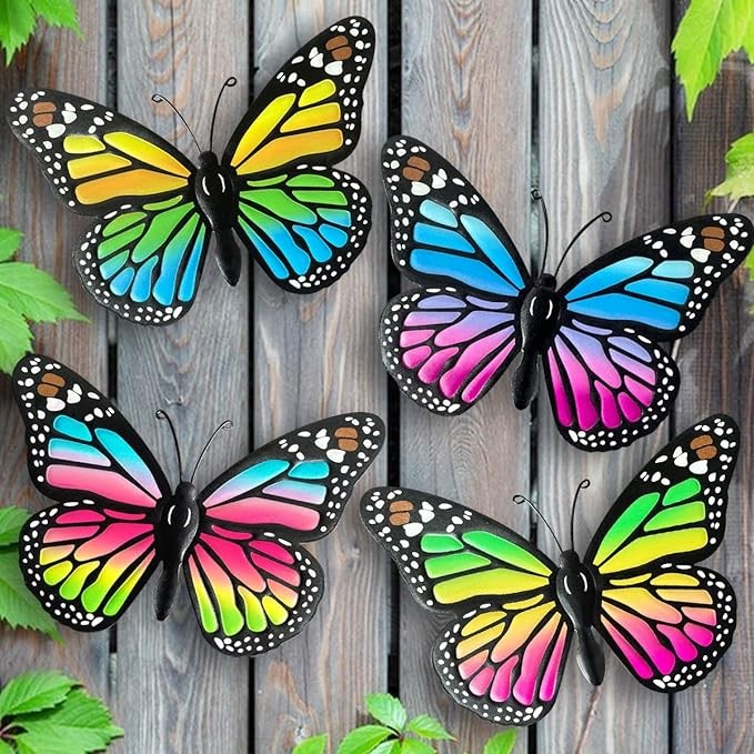 EOORAU Metal Butterfly Wall Art Outdoor Decor - 4 Pack Colorful Butterflies Wall Sculpture Hanging Decor for Home Yard Patio Garden Decorations, Idea Gifts for Mom Dad Friends
