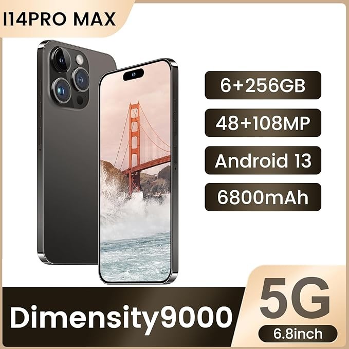 Huness I15 Pro MAX Smartphone Unlocked Cell Phone,Battery 6800mAh 6.8 HD Screen Unlocked Phone,6+256GB Android 13 with 128GB Memory Card,Dual SIM/5G/Fingerprint Lock/Face ID (Black, 6+256)