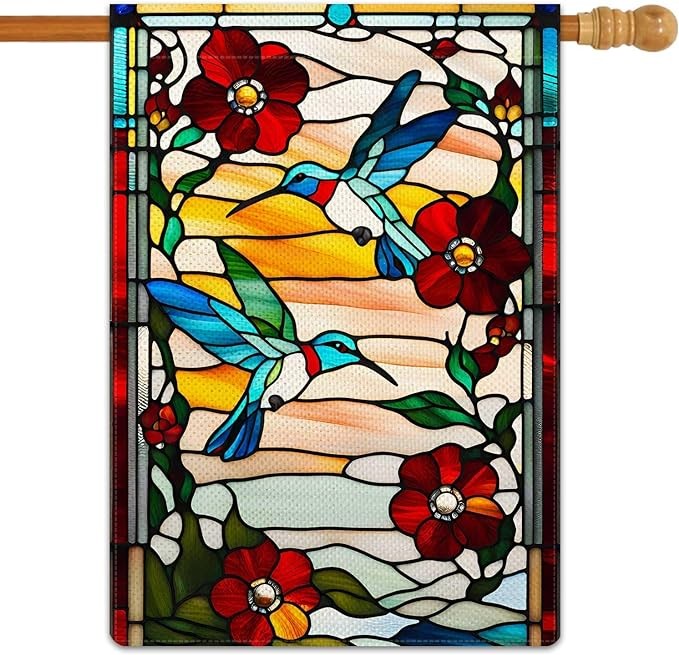 Jauageon Spring Summer Hummingbird Garden Flag Glass Style Vertical Double Sided Rustic Farmland Burlap Yard Lawn Outdoor Decor 28x40"