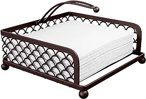 Elegant Flat Paper Napkin Holder with Dispenser Arm - Oil Rubbed Bronze Napkin Holders for Table, Kitchen, Countertops & Outdoor Tables - Square Metal Lattice Basket Dinner Napkin Holder - (ORB)