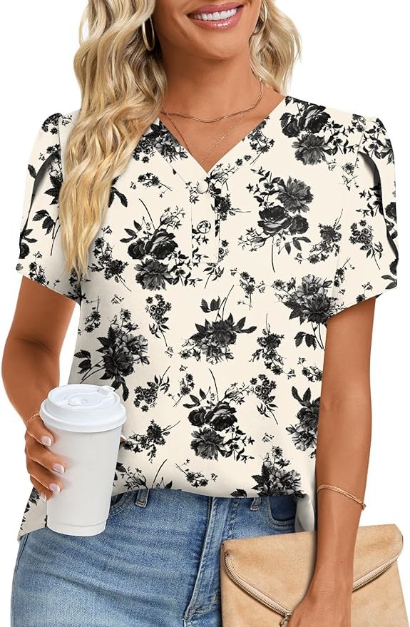 HOTGIFT Womens 2024 Summer Tunic Tops Casual Short Sleeve V Neck Blouse Buttons Chiffon Tshirts for Leggings Soft Comfy