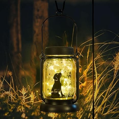 Styleonme Decor Mobile Outdoor Solar Lanterns, Dog & Butterfly Fairy Lights Theme Garden, Mason Jar Solar, Gifts for Women,Mom, Grandma, Everyone, Cat Themed Gifts, Garden Fence Patio Lawn Decor