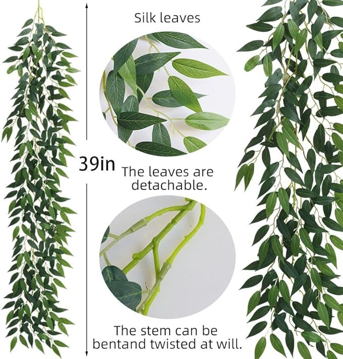 Dallisten 3 Strands Italian Ruscus Artificial Vines, 39" Silk Vine Garland with Green Leaves, Fake Hanging Plants Greenery Decor for Home, Bedroom, Wall, Party, Wedding Decoration