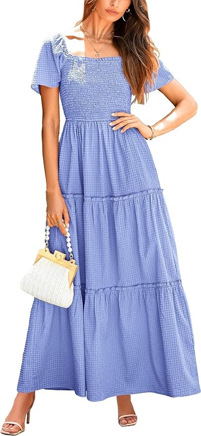 Pretty Garden Womens Square Neck Smocked Tiered Ruffle Long Swing Boho Dress With Pockets