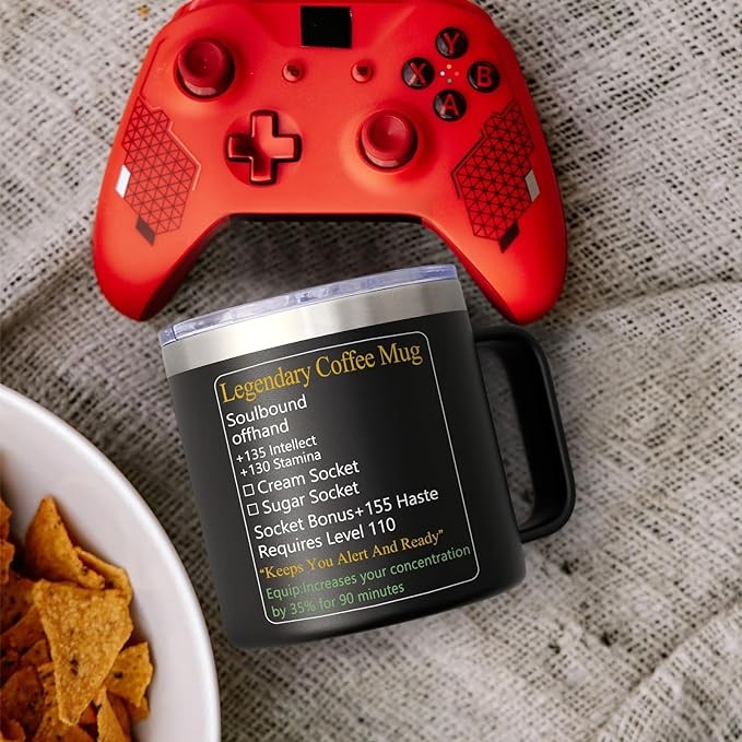 LiqCool Funny Gaming Mug, 14 Oz Legendary Insulated Coffee Mug, Valentine’s Day Gifts for Men Boyfriend Brother Husband Wife, LOL DND Mug for Nerdy Guy Gamer and Coffee Lover, Stainless Steel(Black)
