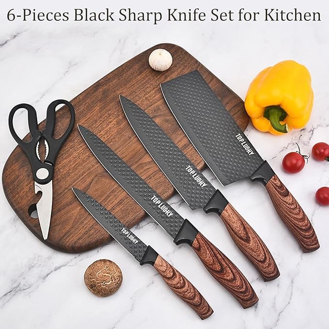Kitchen Knife Set, Retrosohoo 6-Pieces Black Sharp Knife Set for Kitchen, Non-stick Non-slip Stainless Steel Chef Knife Set with Universal Knife Block Suitable for Home Restaurant(Wood Grain)