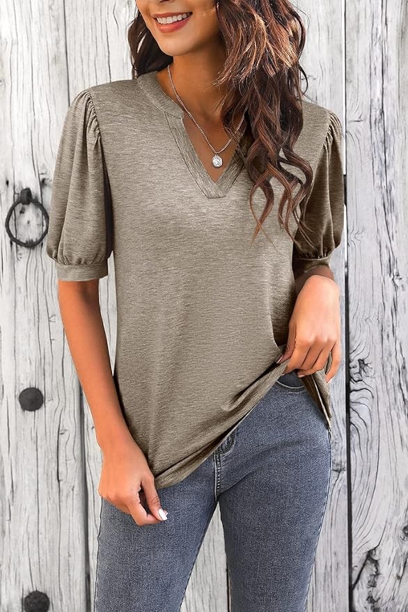 Imily Bela Womens V Neck T Shirts Casual Puff Sleeve Loose Dressy Blouses Summer Tops