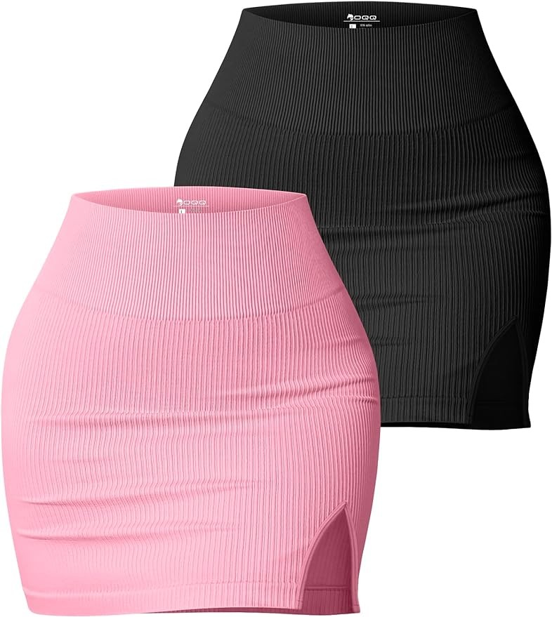 OQQ Women's 2 Piece Skirts Basic Casual Versatile Stretchy Ribbed Split High Waist Mini Skirt