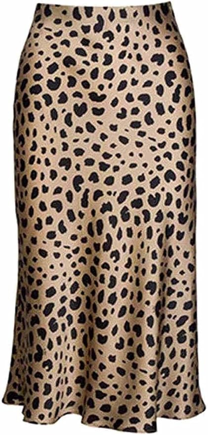 Leopard Skirt for Women Midi Length High Waist Silk Satin Elasticized Cheetah Skirts