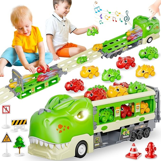 Funwee Dinosaur Truck Toys for 2 3 4 5 6 7 Year Old Boy Toddler, Foldable Track & 2 Player Race Mode, Light & Sound Transport Carrier W/ 6 Dino Car & 12 Road Sign, Birthday Gift Idea for Kids Girls