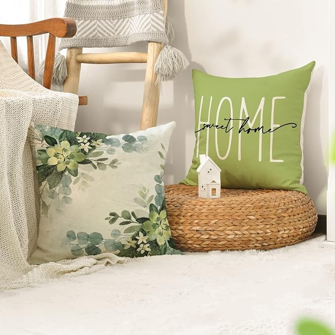 AVOIN colorlife Home Sweet Home Eucalyptus Leaves Green Throw Pillow Covers, 18x18 Inch Spring Summer Seasonal Decorations for Home Set of 4