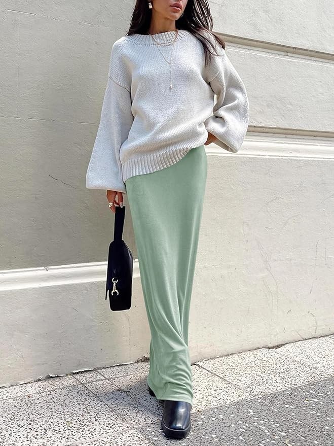 Wenrine Women's Knit Long Skirts Casual Stretchy High Waist Trendy A Line Solid Maxi Skirt