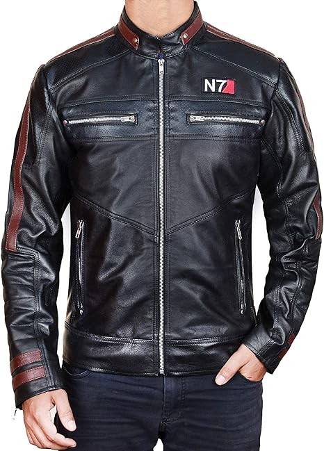 UGFashions N7 Costume Mass Street Fighter Red Stripes Motorcycle Game Cosplay Black Leather Jacket