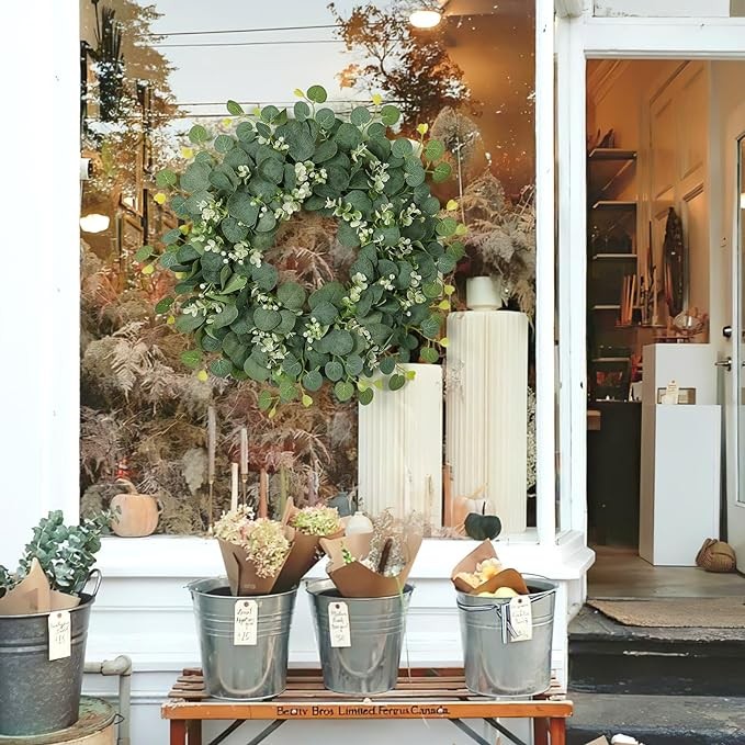 SOMYTING Green Eucalyptus Wreath, 20" Artificial Eucalyptus Leaves Wreath with with White Flowers Eucalyptus Leaves Gypsophila Garland Spring/Summer Wreath for Front Door Wall Window Home Decor