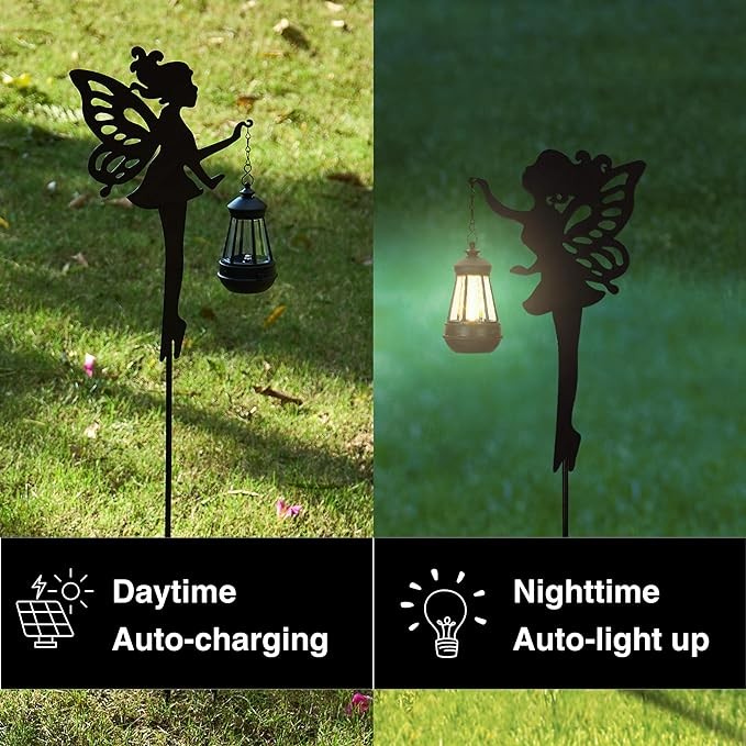 XYRIS Fairy Garden Stakes 1 Pair - Solar Garden Decorations Lawn Ornaments Garden Statue Outdoor, Metal Yard Decor Lawn Decorations Outdoor, Whimsical Decor for Patio, (1 Pair Style A)