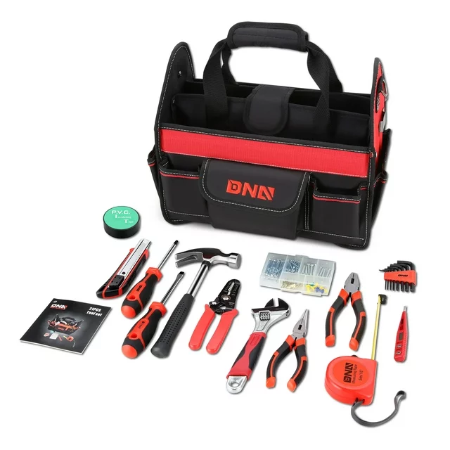 DNA Motoring TOOLS-00207 Red 21 PCs Portable Tool Kit Household General Repair Combination Pliers Adjustable Wrench Set Hand Tool Canvas Bag